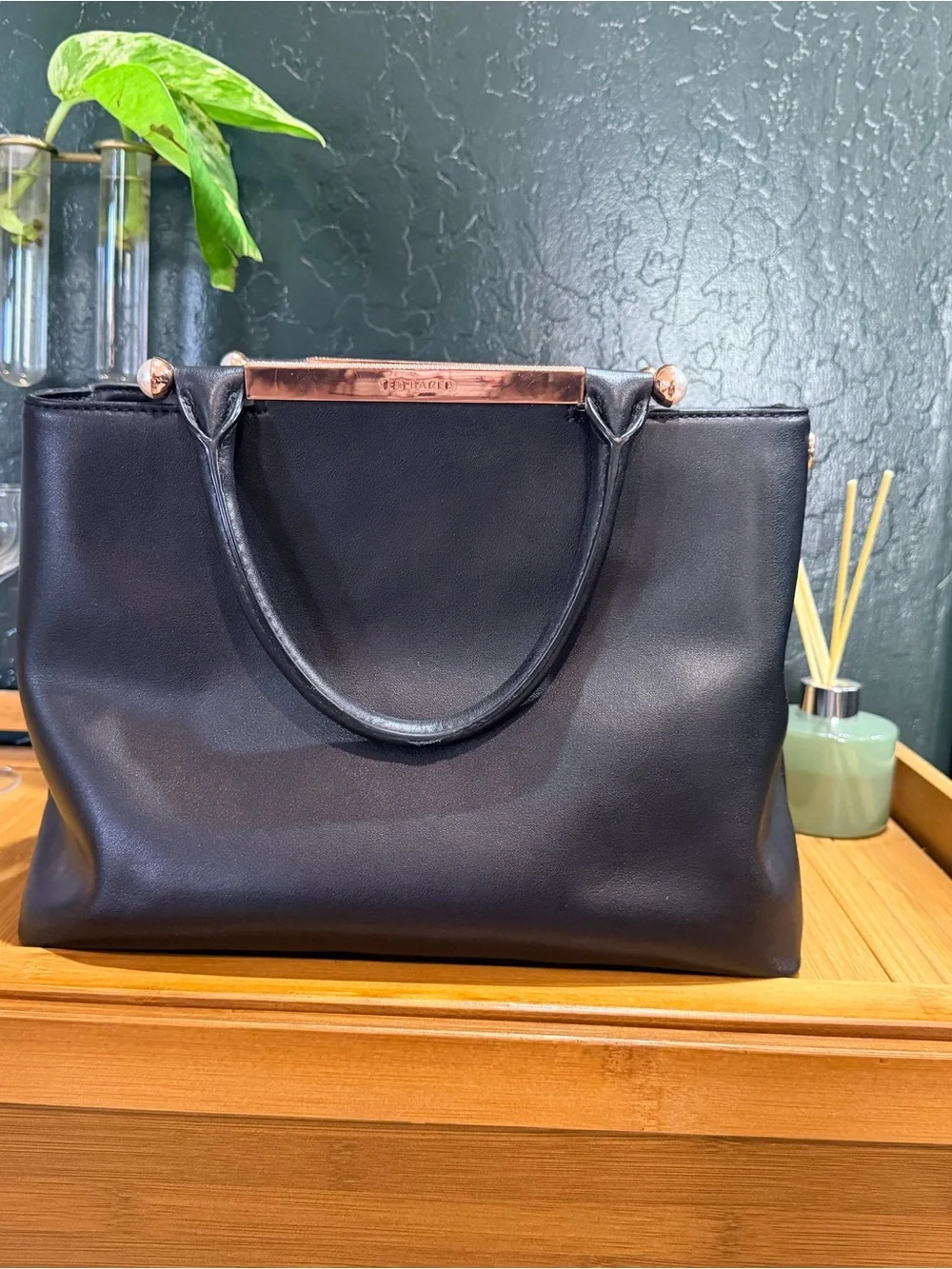 Ted Baker Black Leather Satchel with Rose Gold Accent